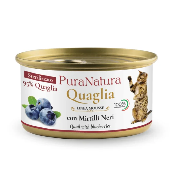 PuraNatura Sterilized Cat Quail & Blueberries 85g, šlapias pašaras sterilizuotoms katėms, putpelėms ir mėlynėms