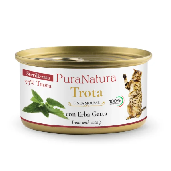 PuraNatura Sterilised Cat Trout & Catnip 85 g, upėtakis ir katžolė, šlapias maistas sterilizuotoms katėms